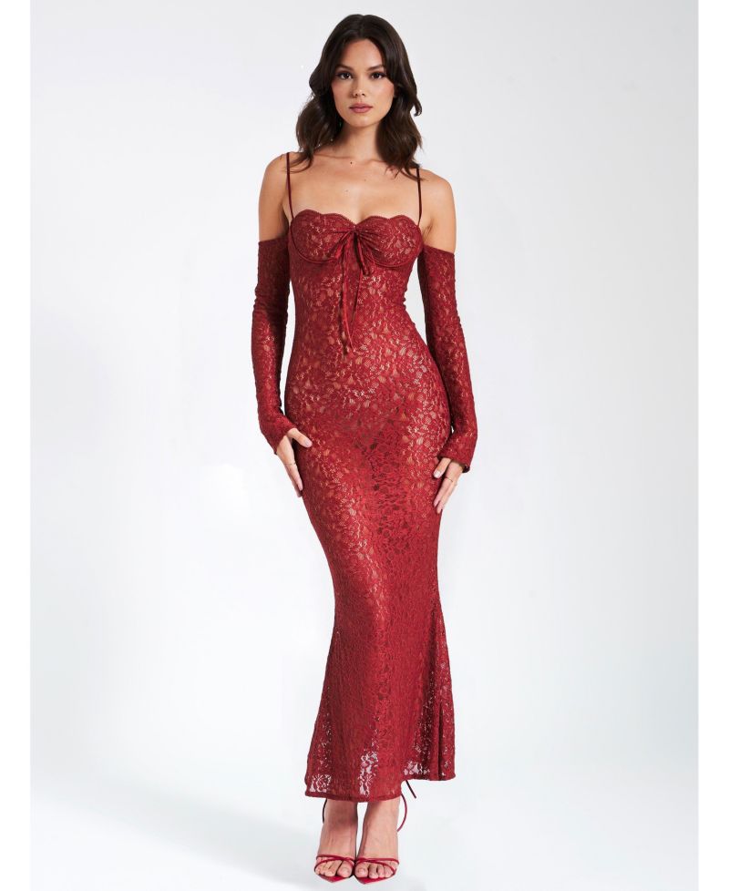 Women's Udaya Burgundy Lace Long Sleeve Maxi Dress