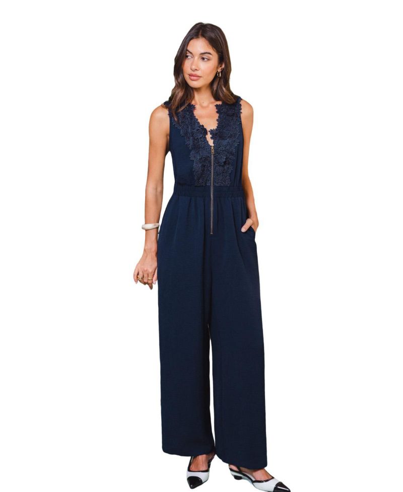Women's Compliment Blue V-Neck Front Zipper Wide-Leg Jumpsuit