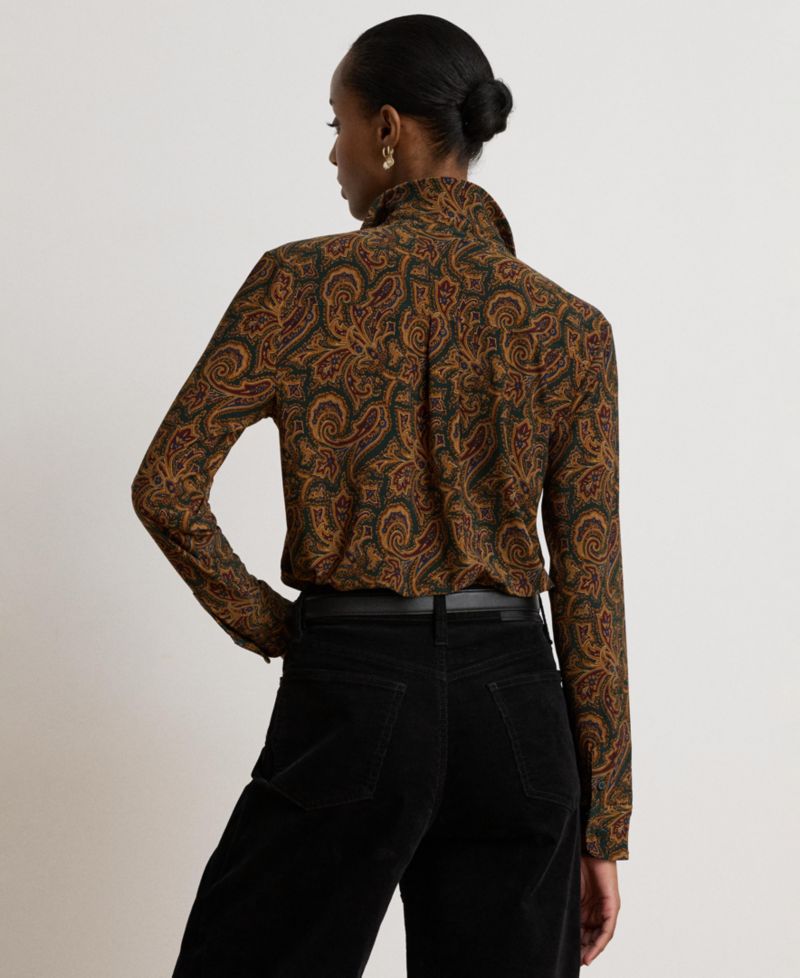 Women's Paisley Stretch Jersey Shirt Long-Sleeve Button-Up Blouse