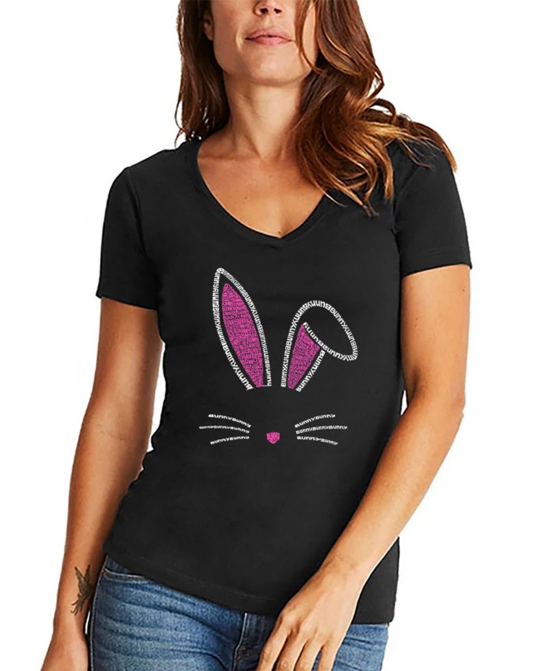 Women's Bunny Ears Word Art V-Neck T-shirt