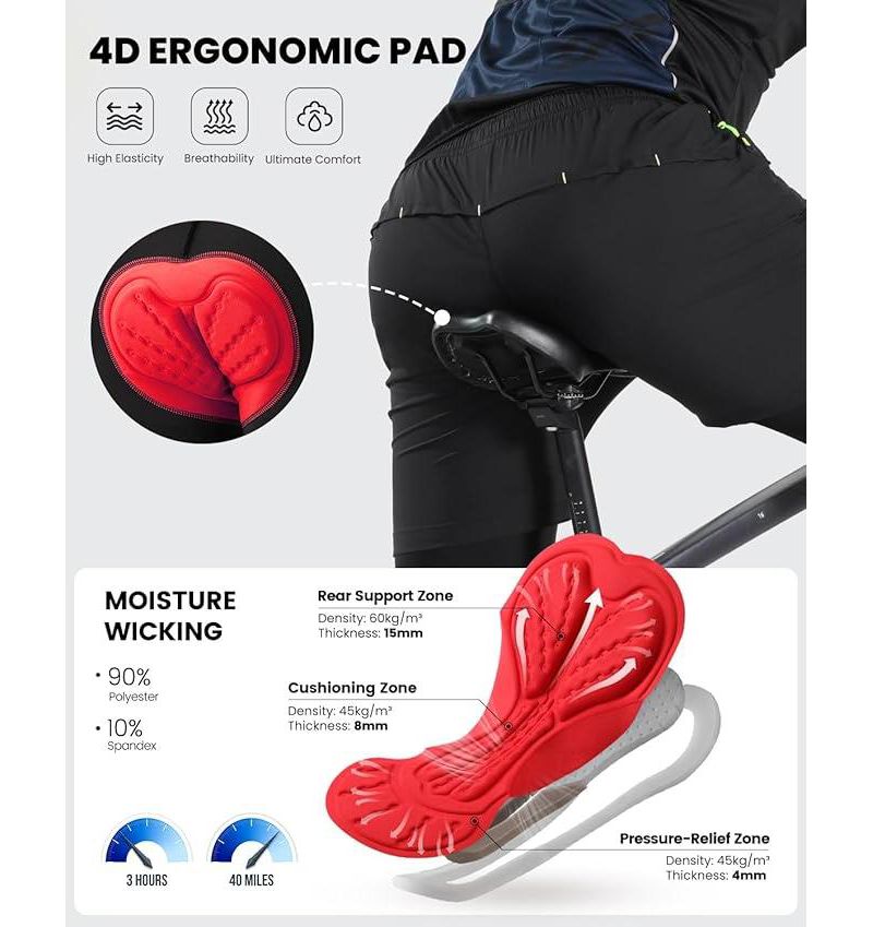 X-Large Bike Shorts for Men - 3D Padded Lightweight MTB Fit Riding Biking Bicycle Biker Shorts with Zipper Pockets
