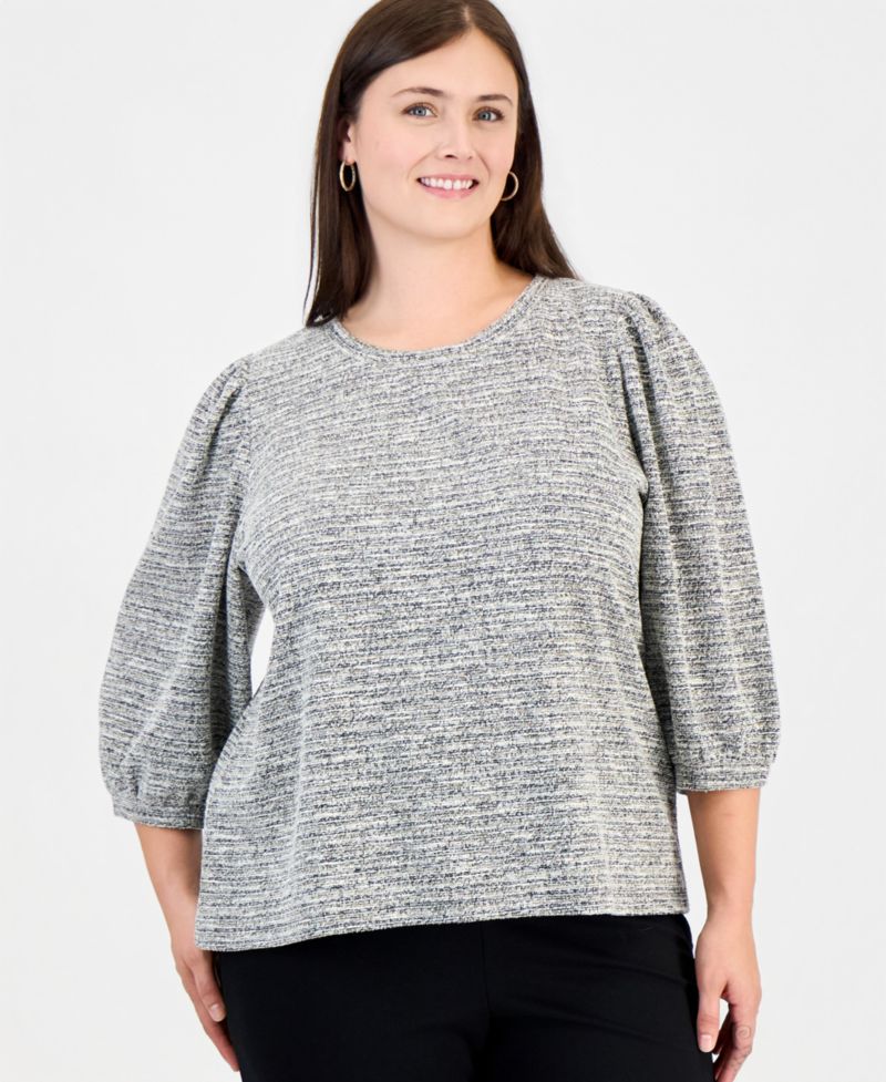 Plus Size Crew Neck Boucl&eacute; 3/4-Length Balloon Sleeve Sweater
