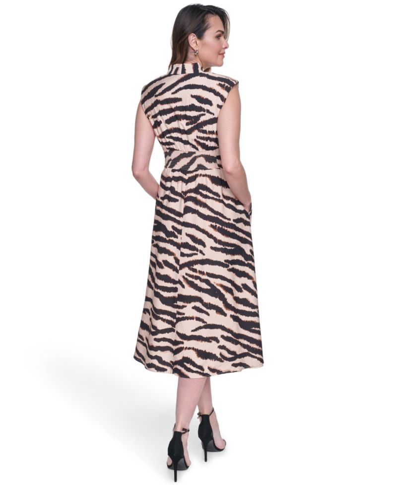 Women's Printed Zip-Front Smock Waist Midi Dress