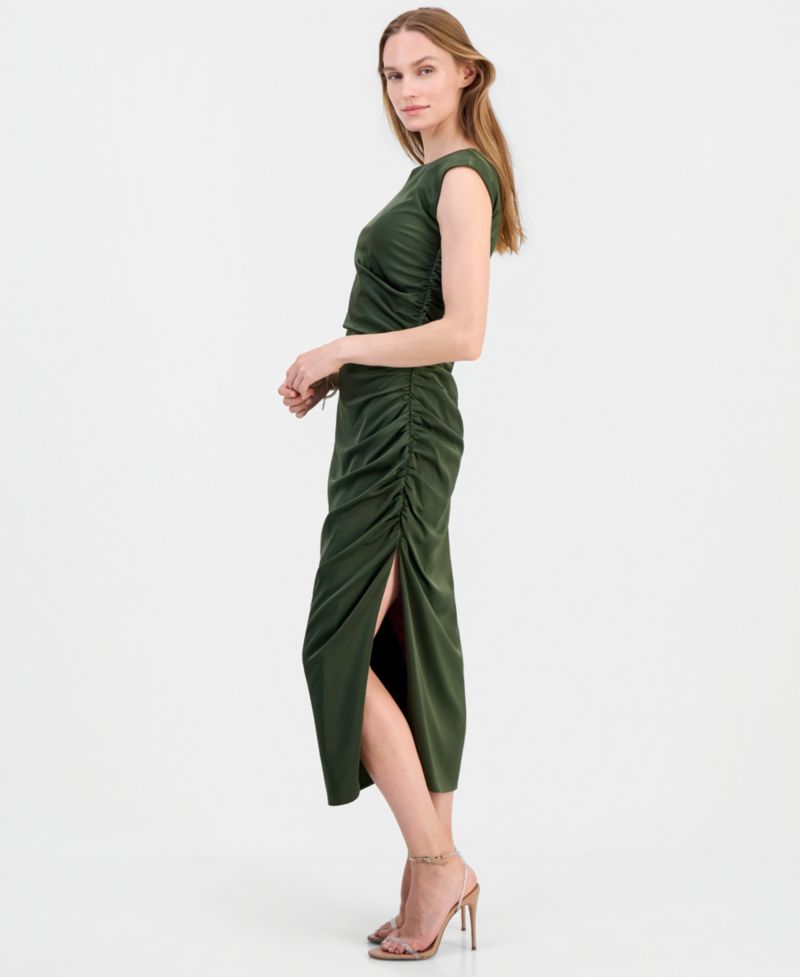 Felicity Ruched Satin Side Slit Midi Dress