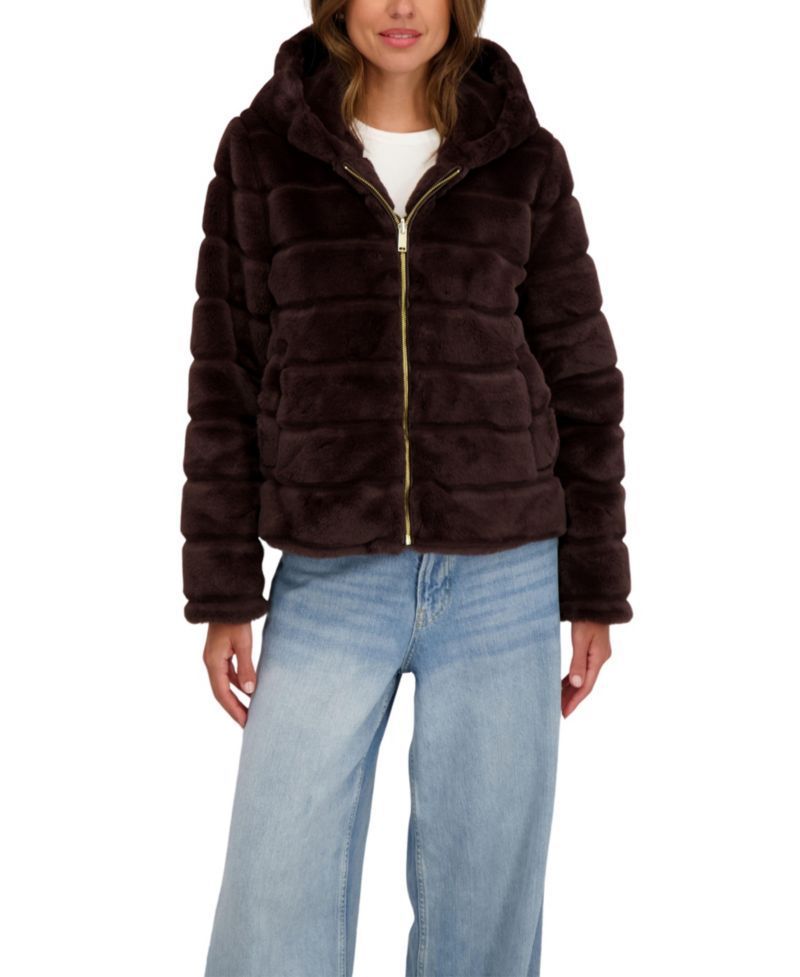 Women's Hooded Grooved Short Faux Fur Jacket
