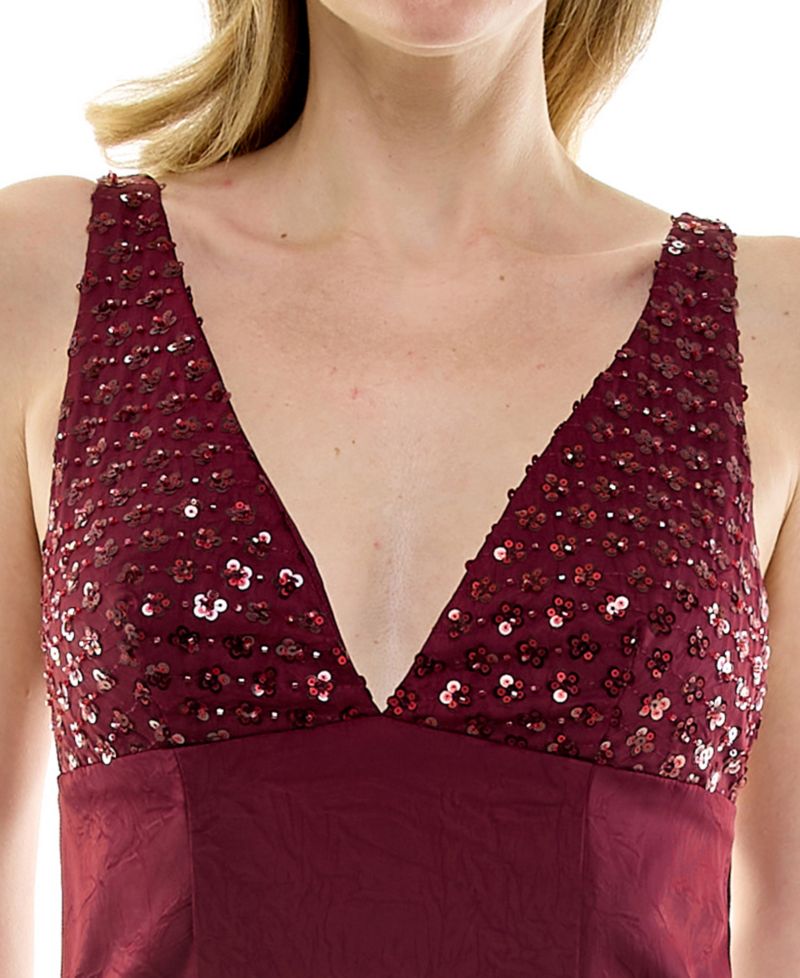Juniors' Beaded Plunging V-Neck Satin Mini Dress