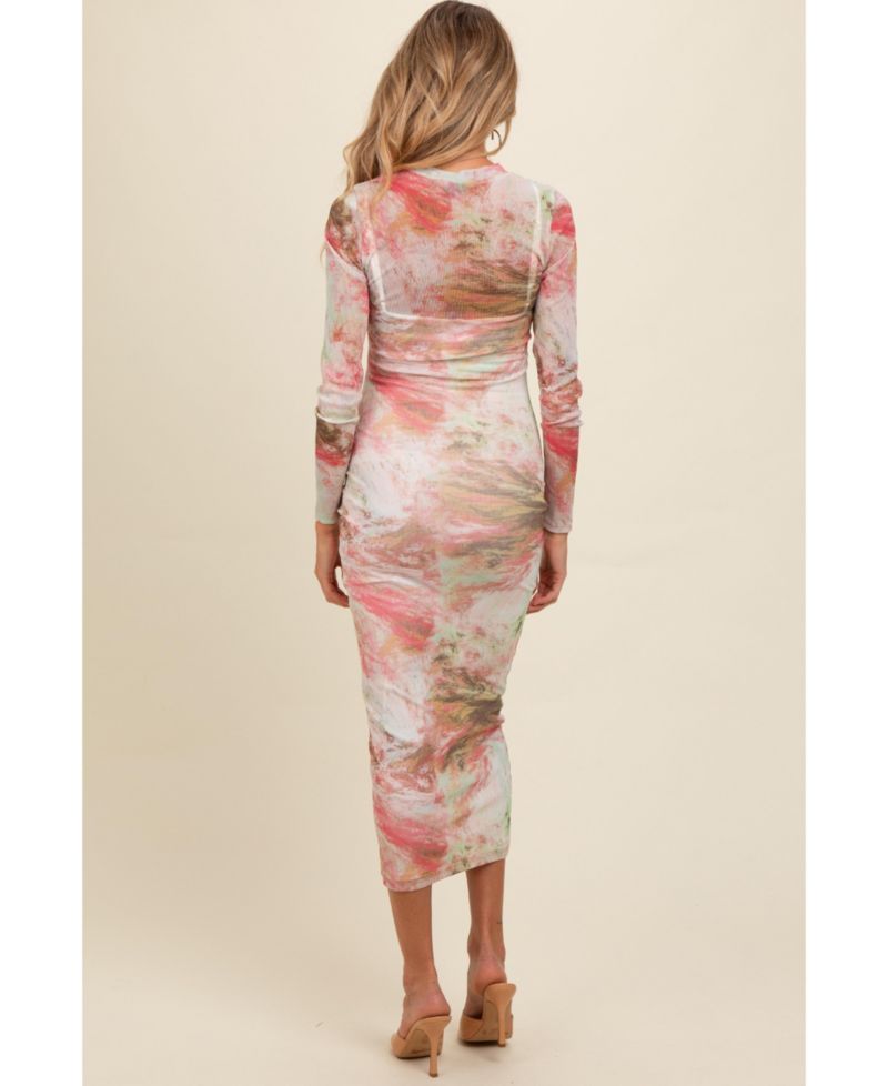 Women's Pink Abstract Printed Mesh Overlay Maxi Dress