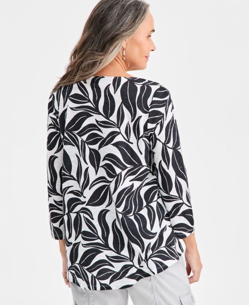 Women's Printed Split-Neck Pintucked Knit Top