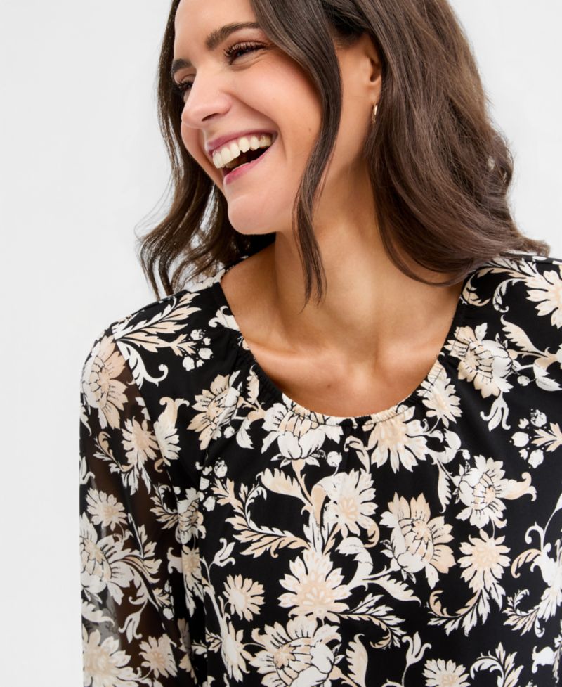 Women's Printed Chiffon-Sleeve Gathered-Neck Top