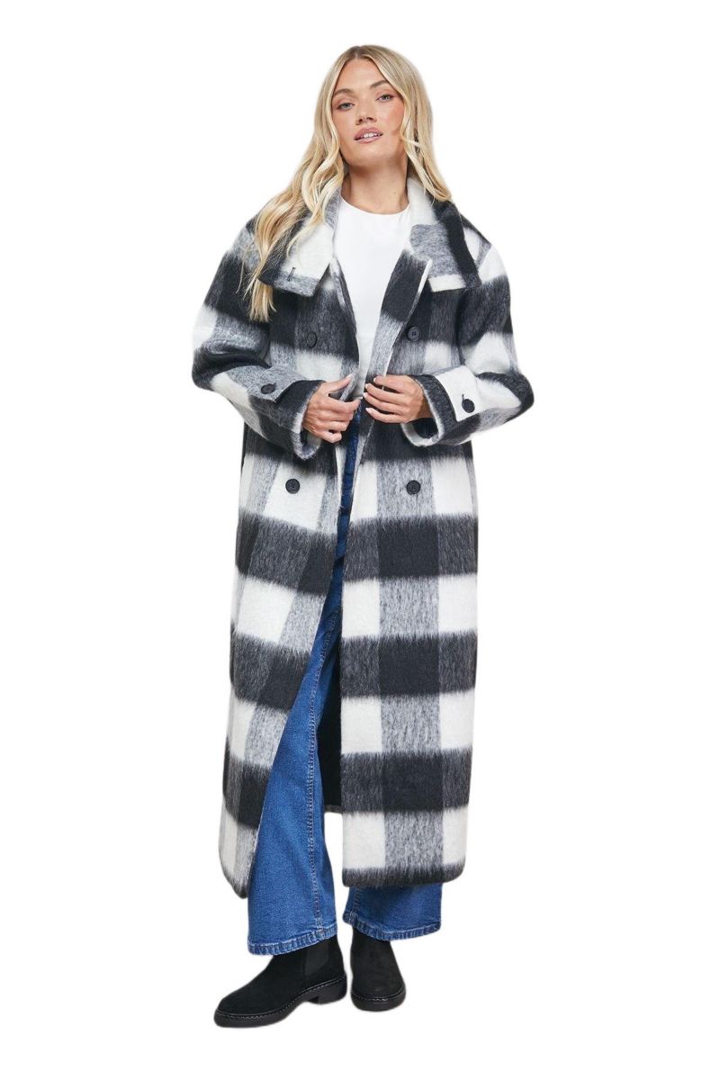 Women's Brushed Check Funnel Neck Coat