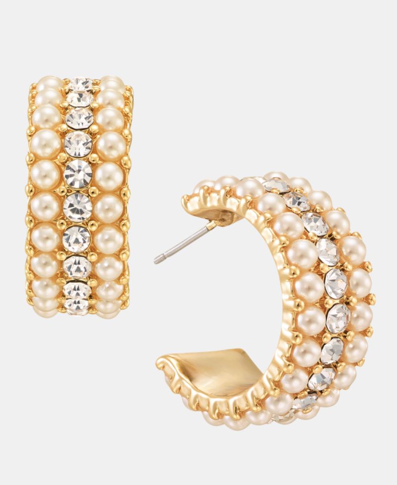 Imitation Pearl & Crystal Three-Row Hoop Earrings