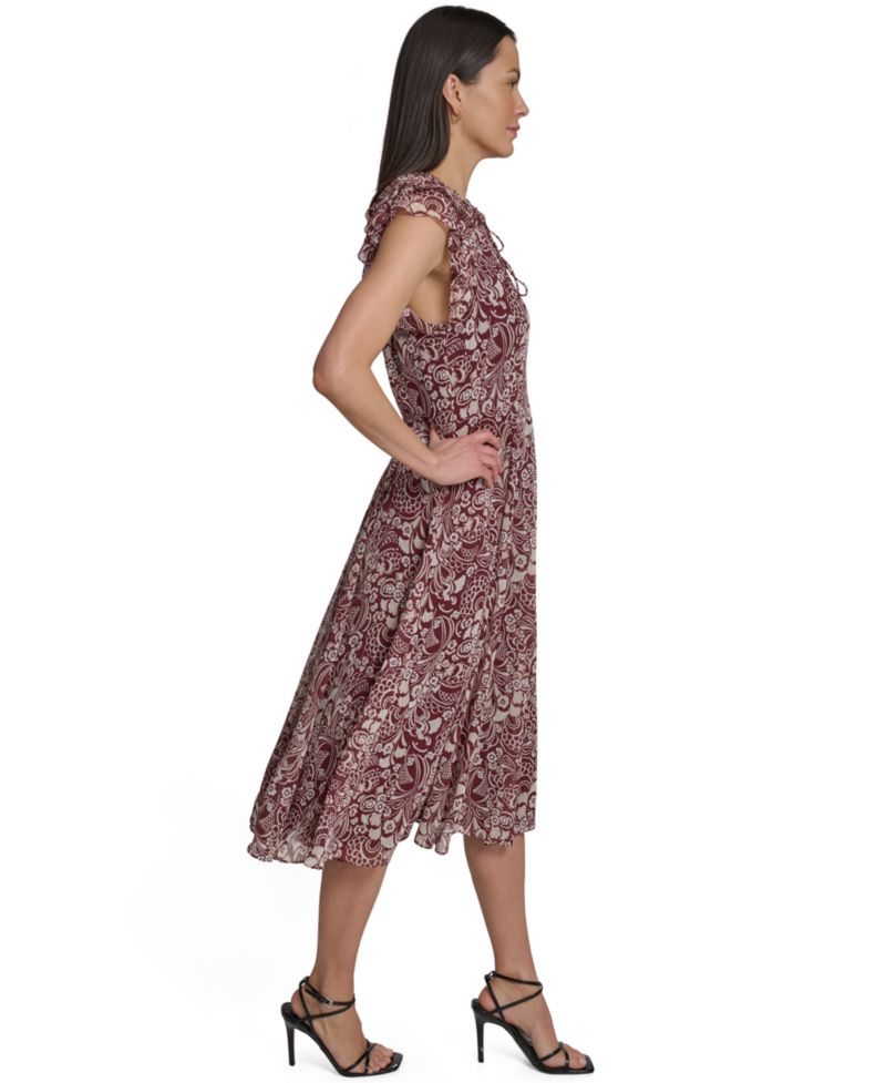 Women's Flutter-Sleeve Tie Neck Chiffon Midi Dress