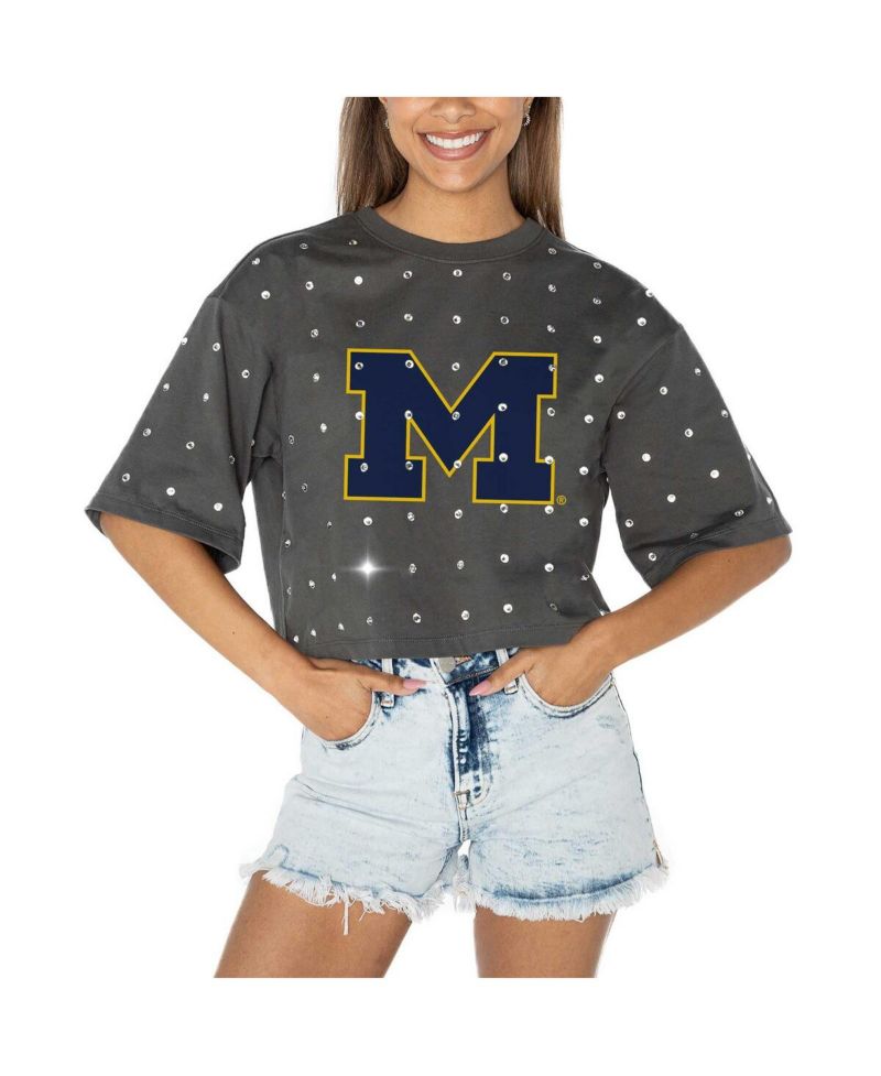 Women's Gray Michigan Wolverines Go Time Rhinestone Crop T-Shirt