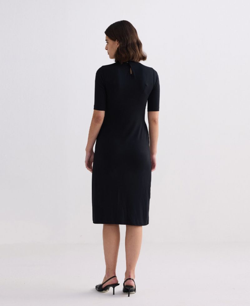 Women's High Crew Neck Elbow Sleeves Fitted Dress in Black