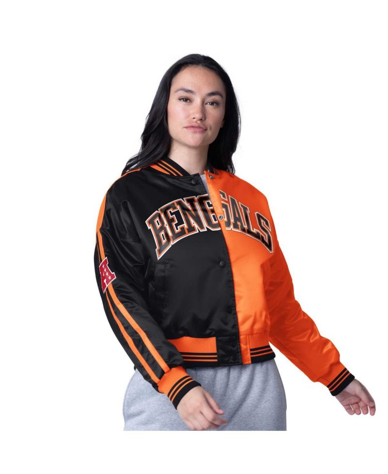 Women's Black/Orange Cincinnati Bengals Zone Blitz Cropped Full-Snap Satin Jacket