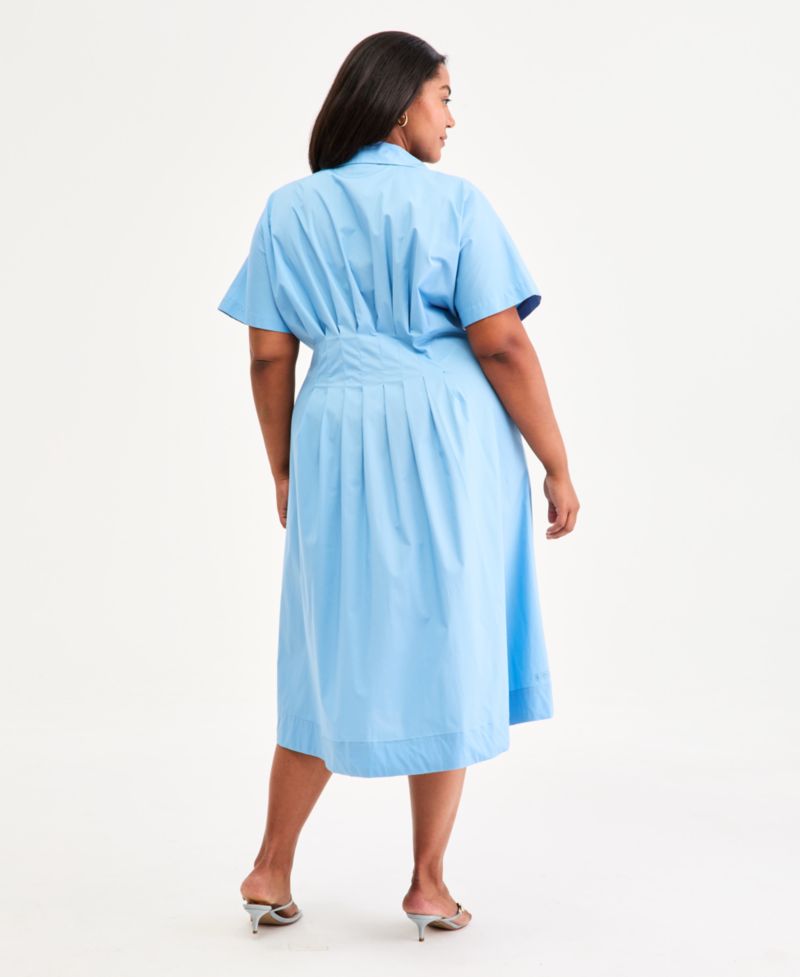 Trendy Plus Size Pinstriped Pleated-Waist Midi Shirtdress