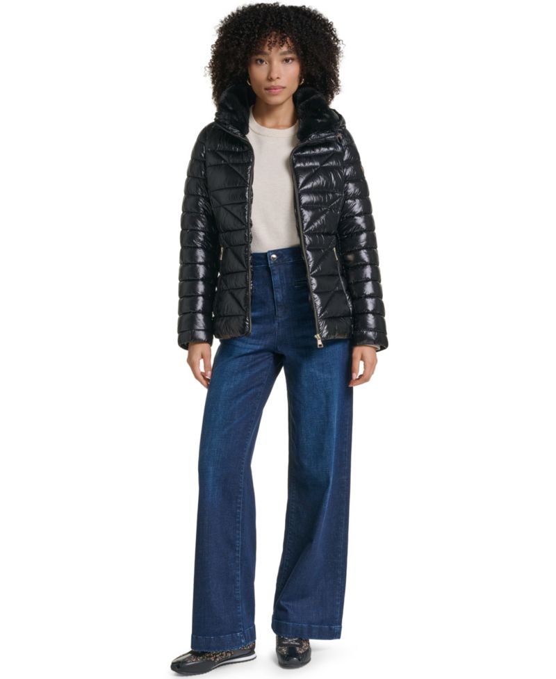 Women's Short Hooded Faux Fur Collar Puffer Jacket