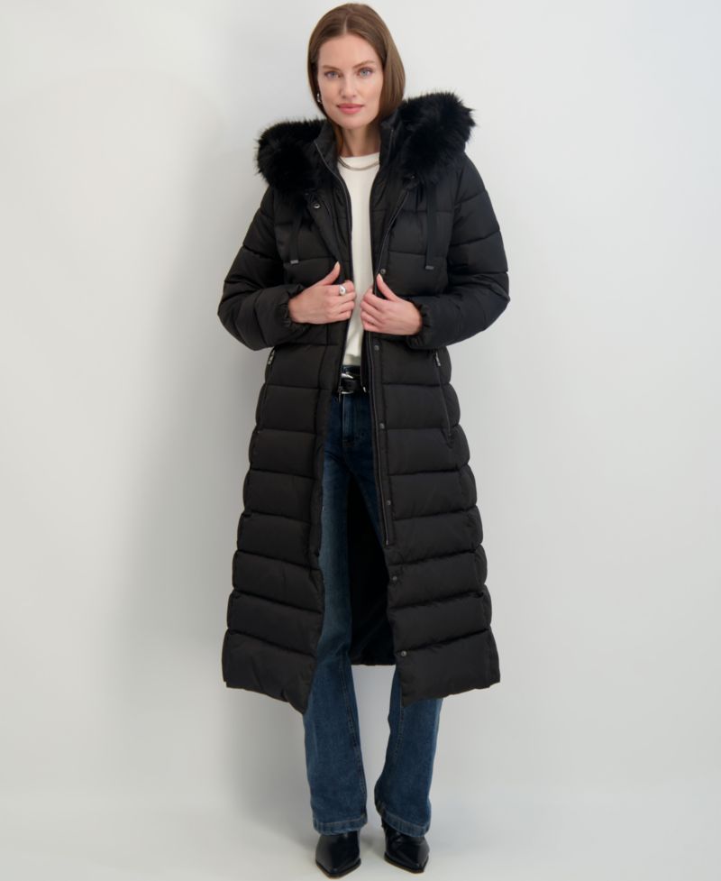 Womens Maxi Shine Bibbed Faux-Fur-Trimmed Hooded Puffer Coat