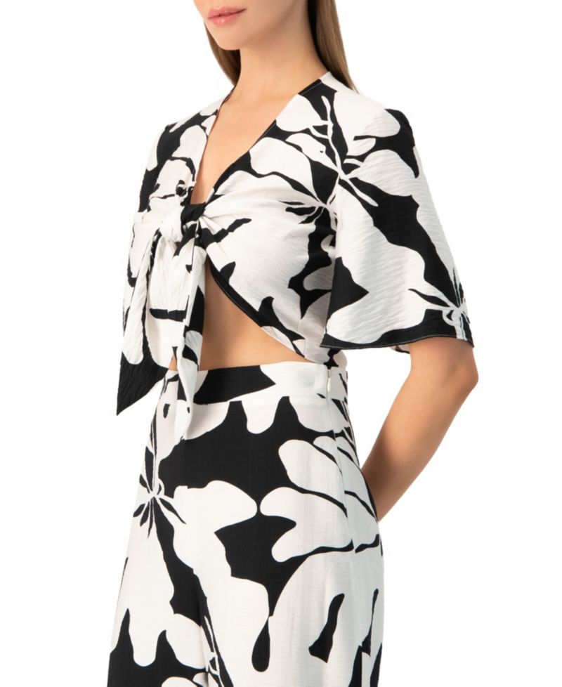 Women's Tie-Front Floral-Print Wide-Sleeve Crop Top