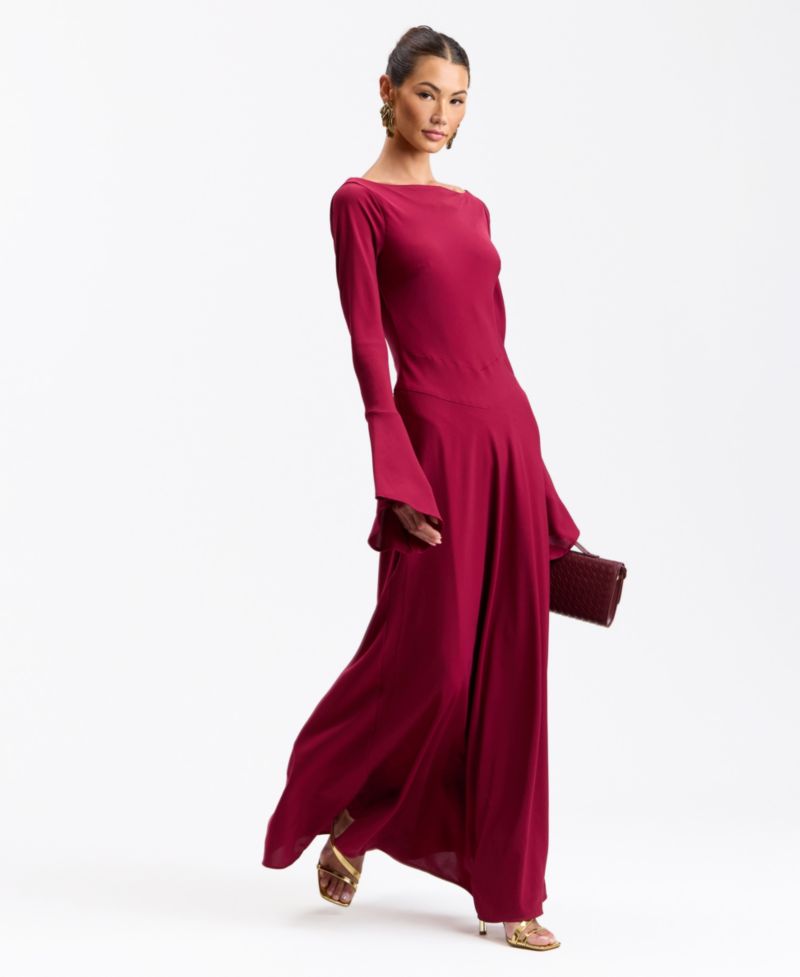 Women's Romantic Lace-Up Back Basque Waist Long High-Low Ruffle Sleeves Maxi Dress