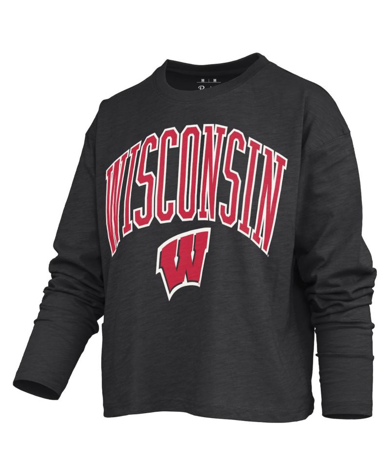 Women's Black Wisconsin Badgers Motley Boxy Waist-Length Long Sleeve T-Shirt