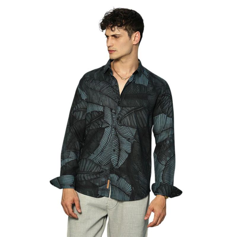 Men's Viridian Green Foliage-Outline Shirt