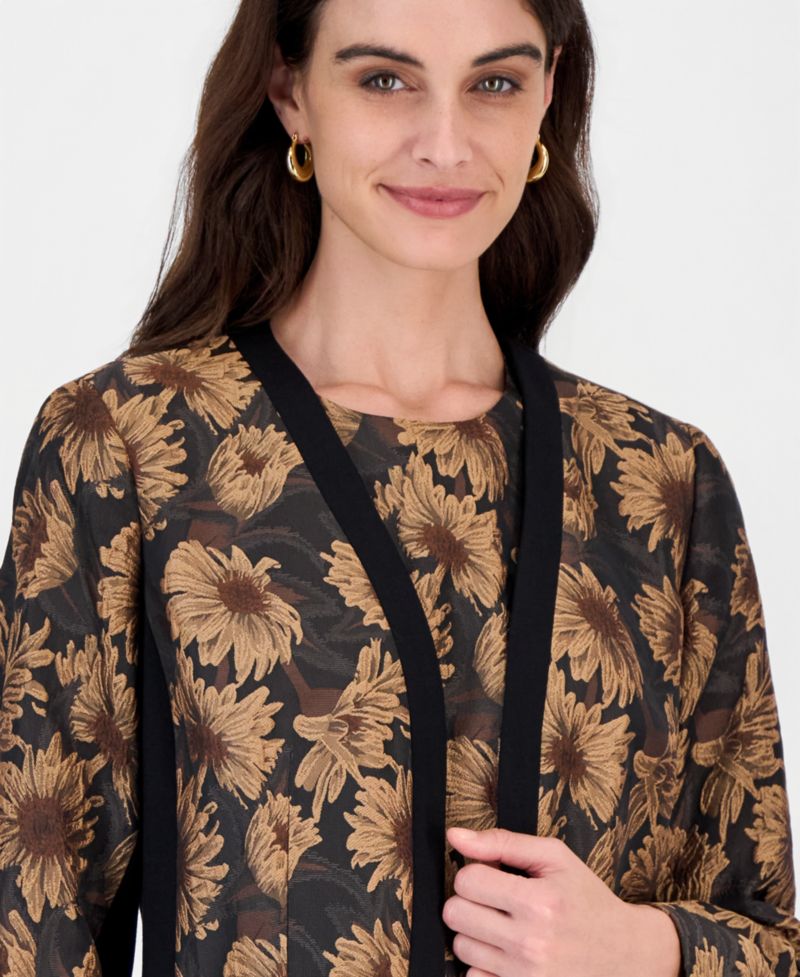 Women's Collarless Shoulder-Padded Floral Cardigan