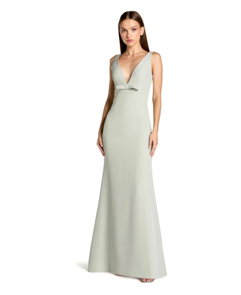 Women's Crepe Sleeveless V Neck Sheath Gown With Bow