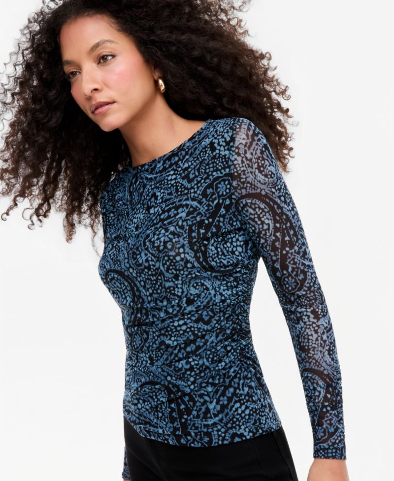Women's Ruched Mesh Long-Sleeve Crewneck T-Shirt