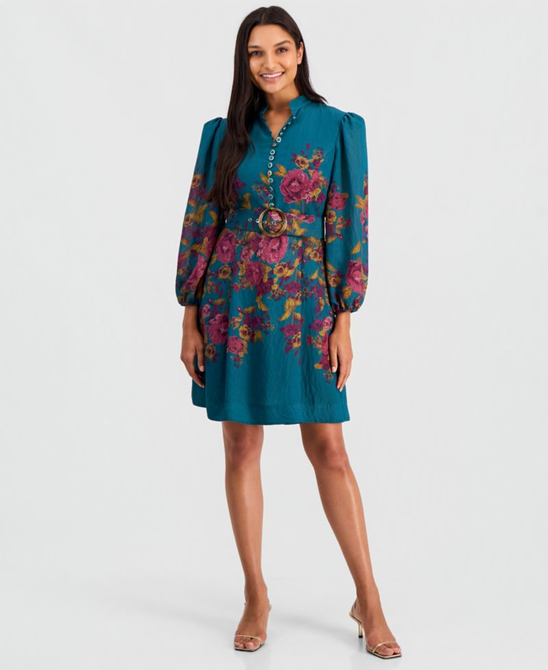 Women's Floral-Print Belted Fit & Flare Dress