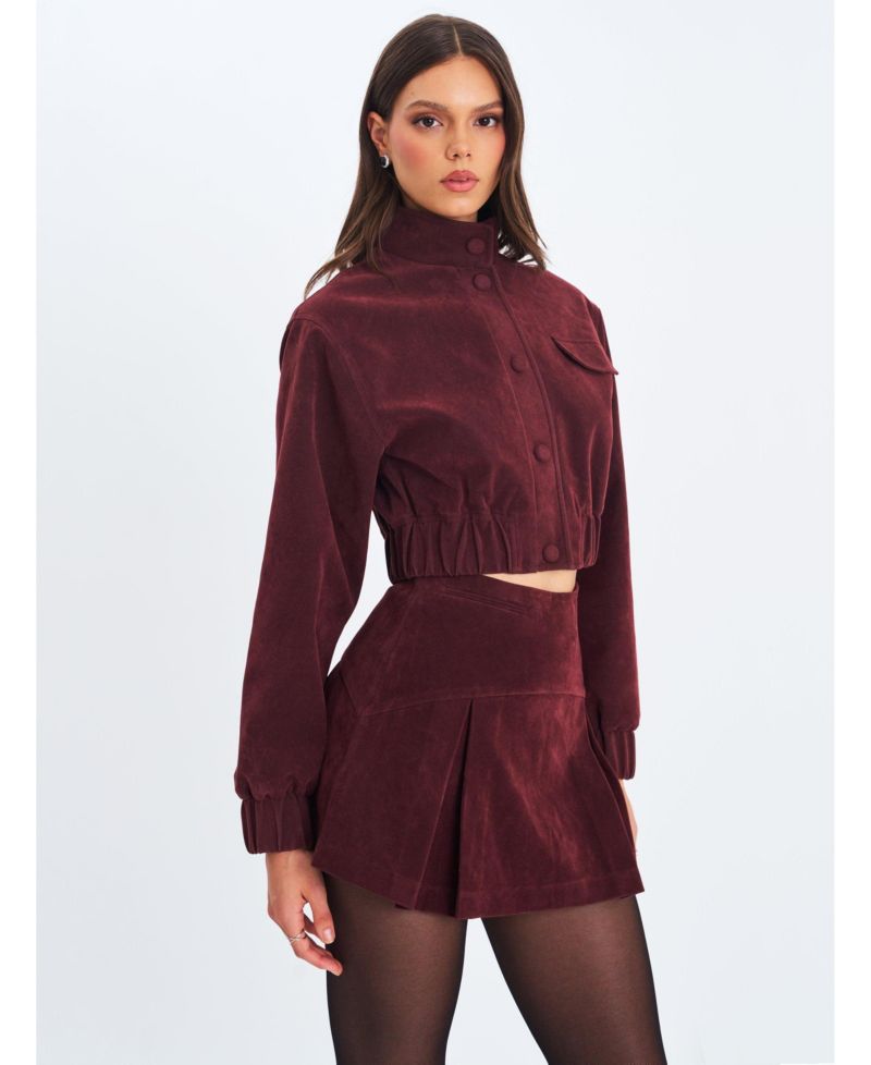Women Farryn Mahogany Faux Suede Cropped Bomber Jacket