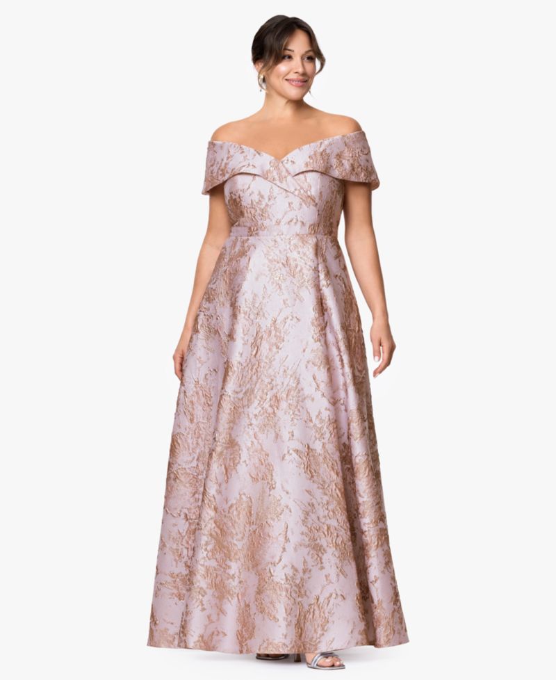 Petite Metallic Brocade Off-the-Shoulder Gown