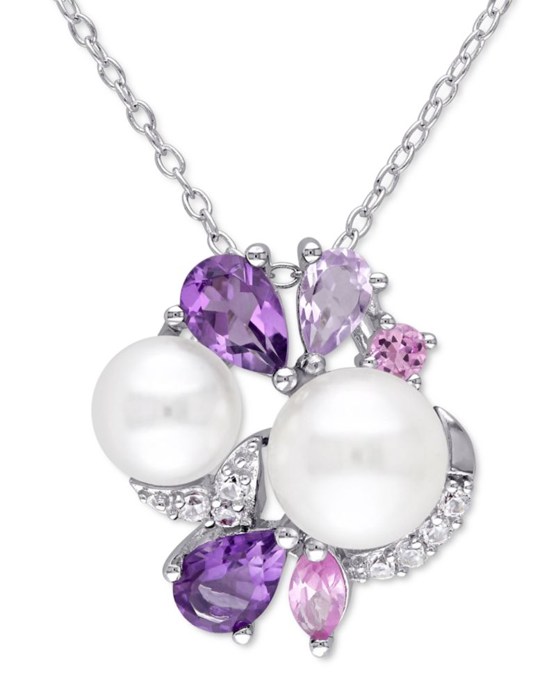 Cultured Freshwater Pearl (6-1/2 & 7-1/2mm) & Multi-Gemstone (1-3/8 ct. t.w.) Cluster 18" Pendant Necklace in Sterling Silver