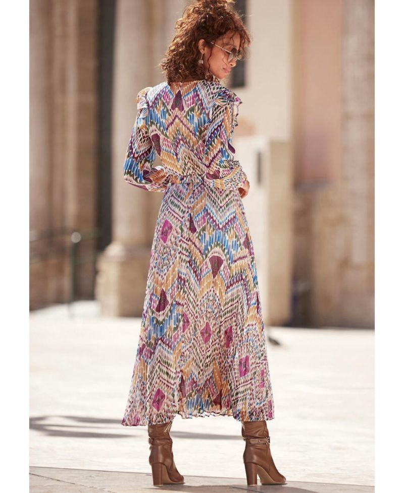Women's Printed Pleated Ruffle-Trim V-Neck Smocked-Waist Maxi Dress