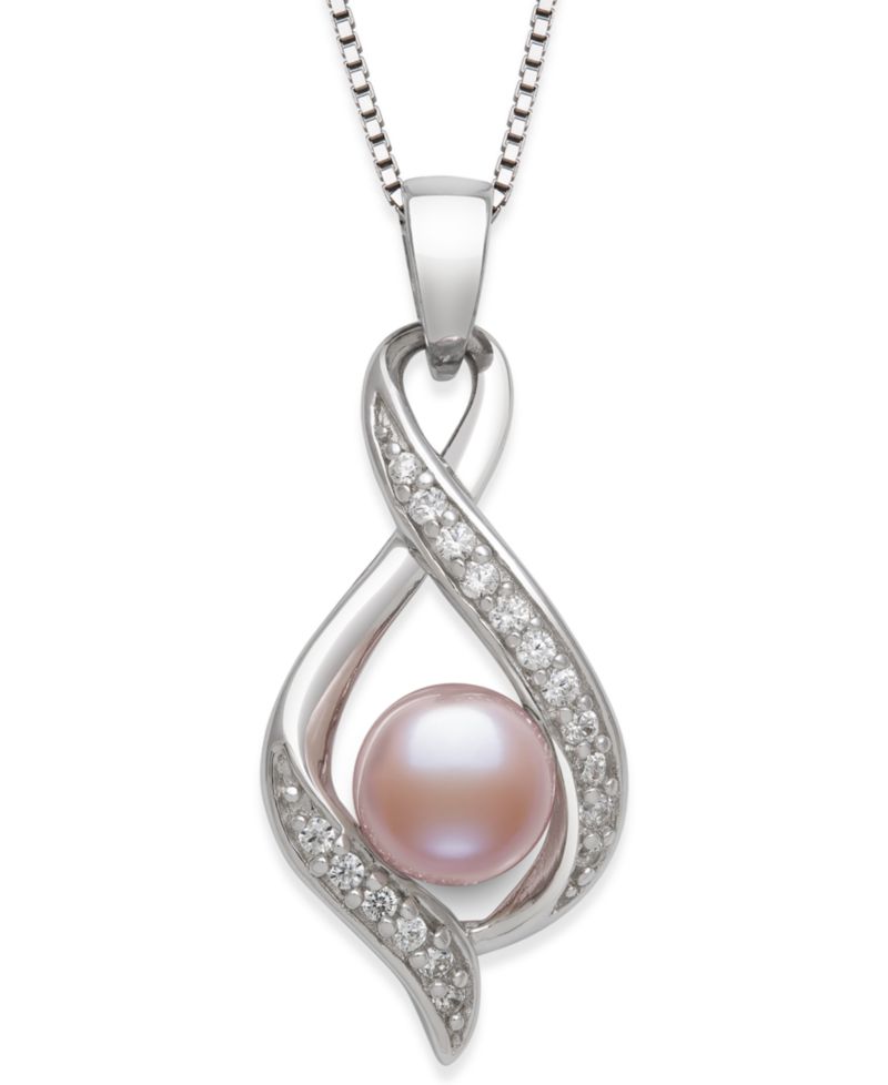 Dyed Black Peacock Cultured Freshwater Pearl & Lab Created White Sapphire Pendant 18" Necklace in Sterling Silver (Also in Blush Pink)
