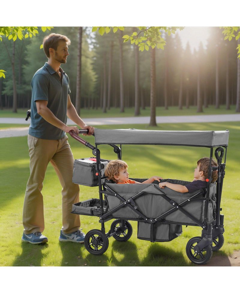SUGFIT Wagon Stroller for 2 Kids Folding Push-Pull Stroller with Canopy Grey