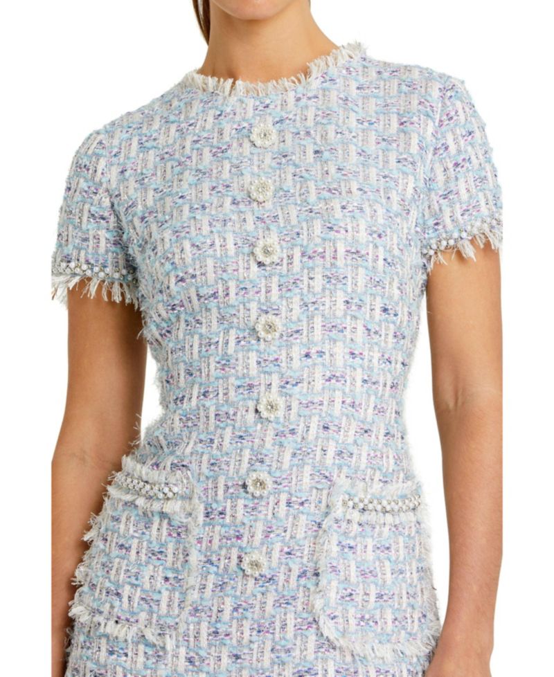 Women's Floral Buttons and Pearl Detailing Boucle Shift Dress