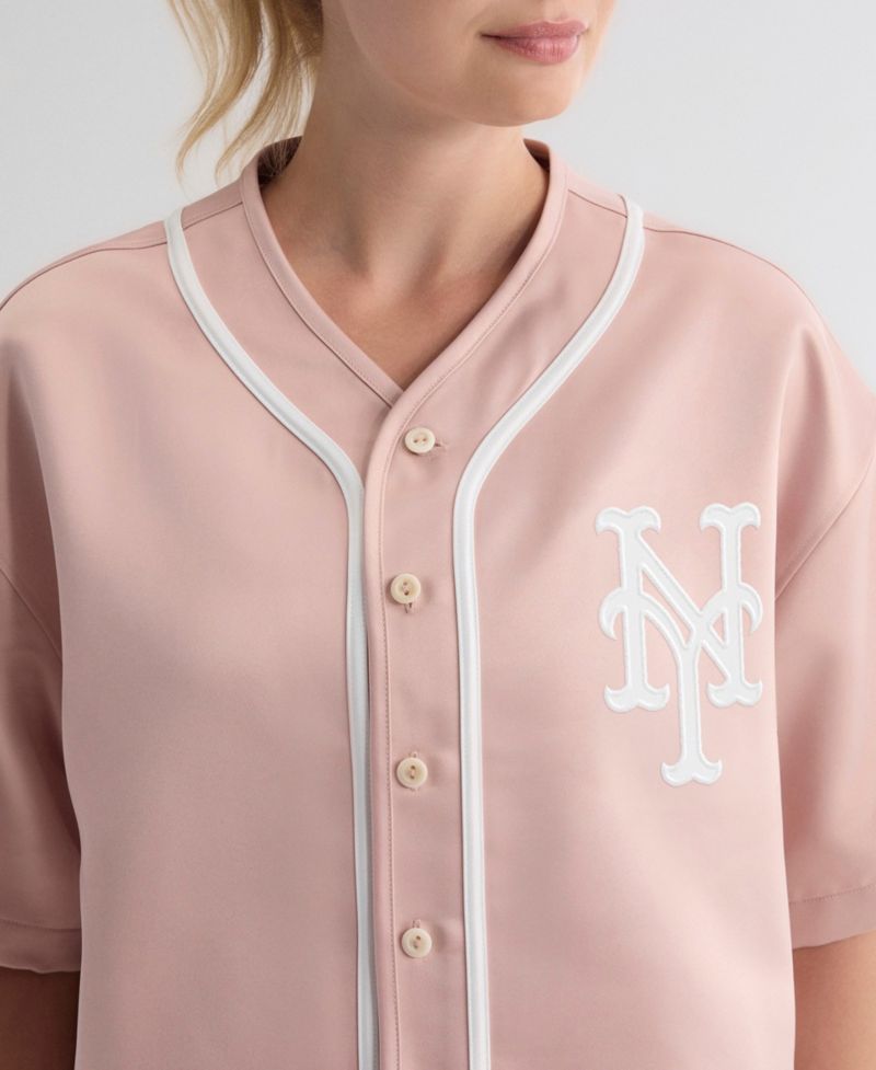 Women's New York Mets Boxy Cropped Satin Baseball Top