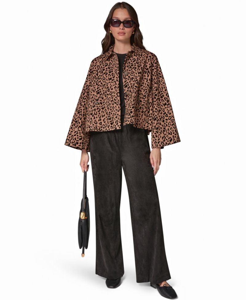 Women's Flocked Canvas Leopard-Print Bell-Sleeve Trapeze Jacket