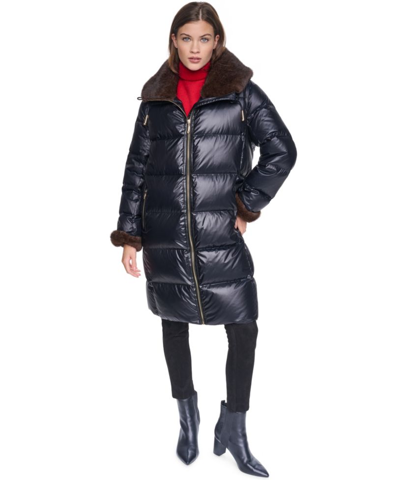 Women's Long Faux Fur Cuff and Collared Puffer