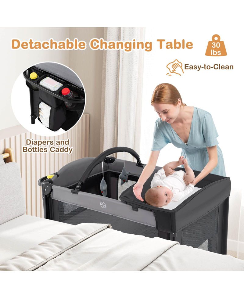 Baby Baby Bassinet Bedside Crib with Changing Table Mattress Detachable Canopy Basket