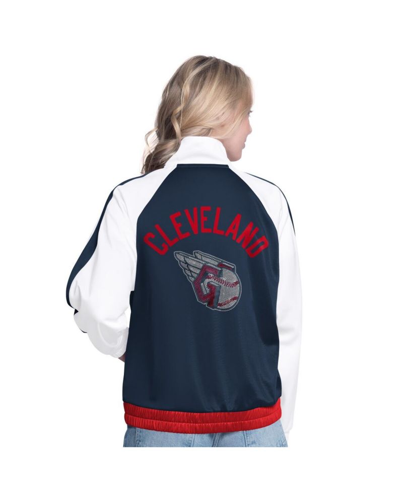 Women's White/Navy Cleveland Guardians Rally Rhinestone Raglan Full-Zip Track Jacket