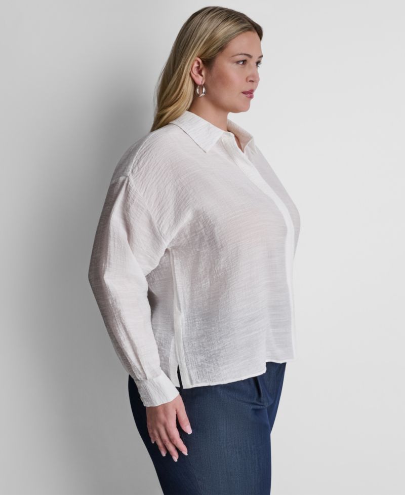 Plus Size Long-Sleeve Collared Organza Blouse