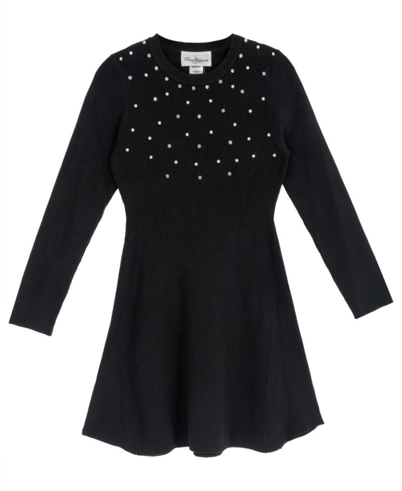 Girls' 7-16 Sweater Knit Imitation Pearl Long-Sleeve Fit-and-Flare Sweater Dress
