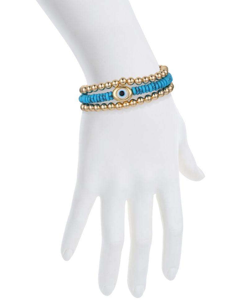 Turquoise Evil Eye and Beaded Stretch Bracelet Set