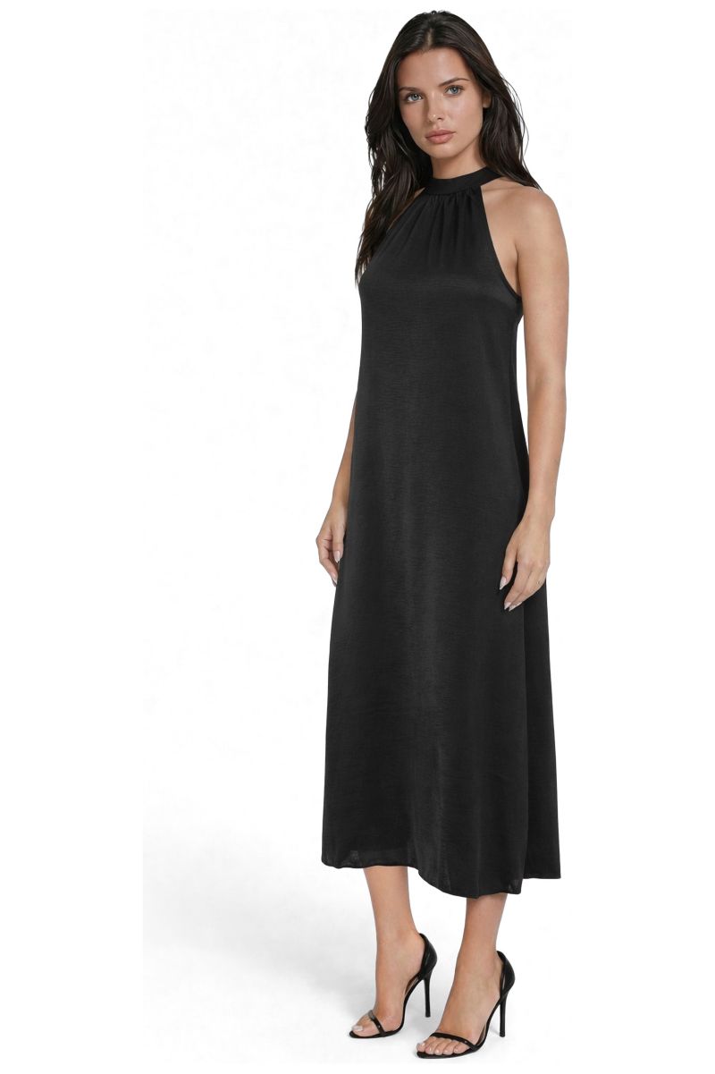 Women's Crushed Satin Mock Neck Maxi Dress