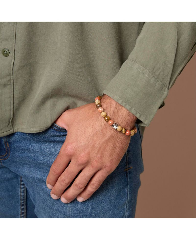 Red Jasper Mens Bracelet, Stretch Beaded Bracelet for Men with Clover Logo and Jasper Beads