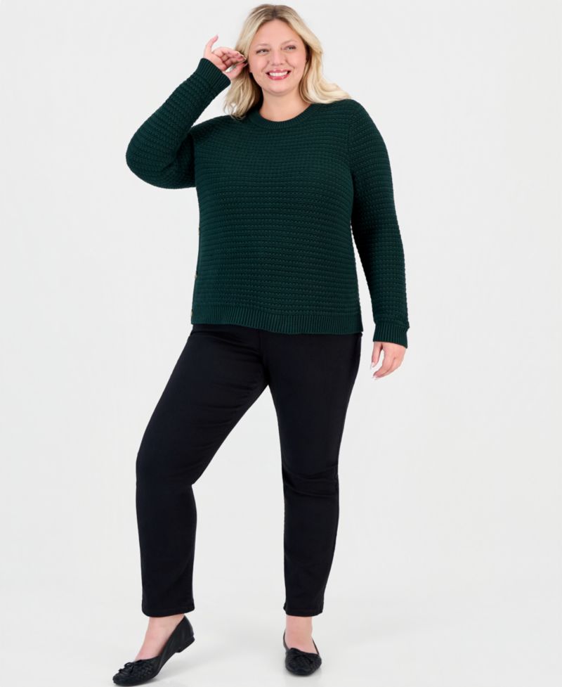 Plus Crewneck Ribbed-Knit Side-Button Sweater