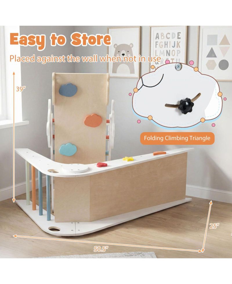 Ages 3+ Montessori Foldable 3-Piece Climbing Triangle, Slide, and Balance Bridge Set