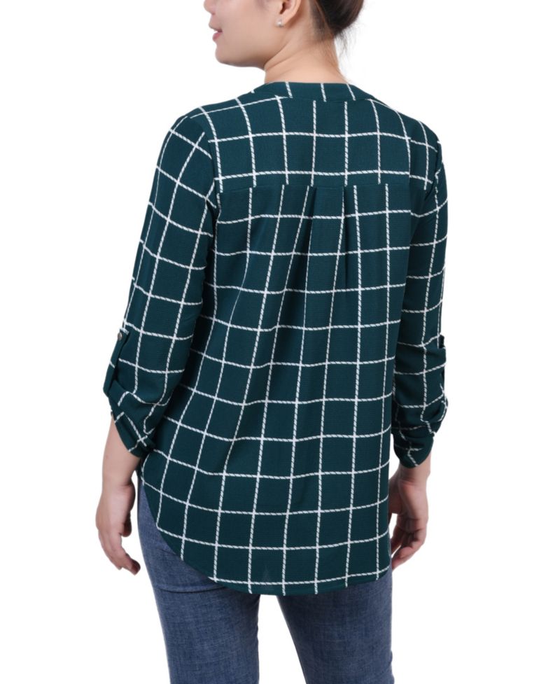 Petite Size 3/4 Push Tab Mandarin Collar Blouse with Front Pleats